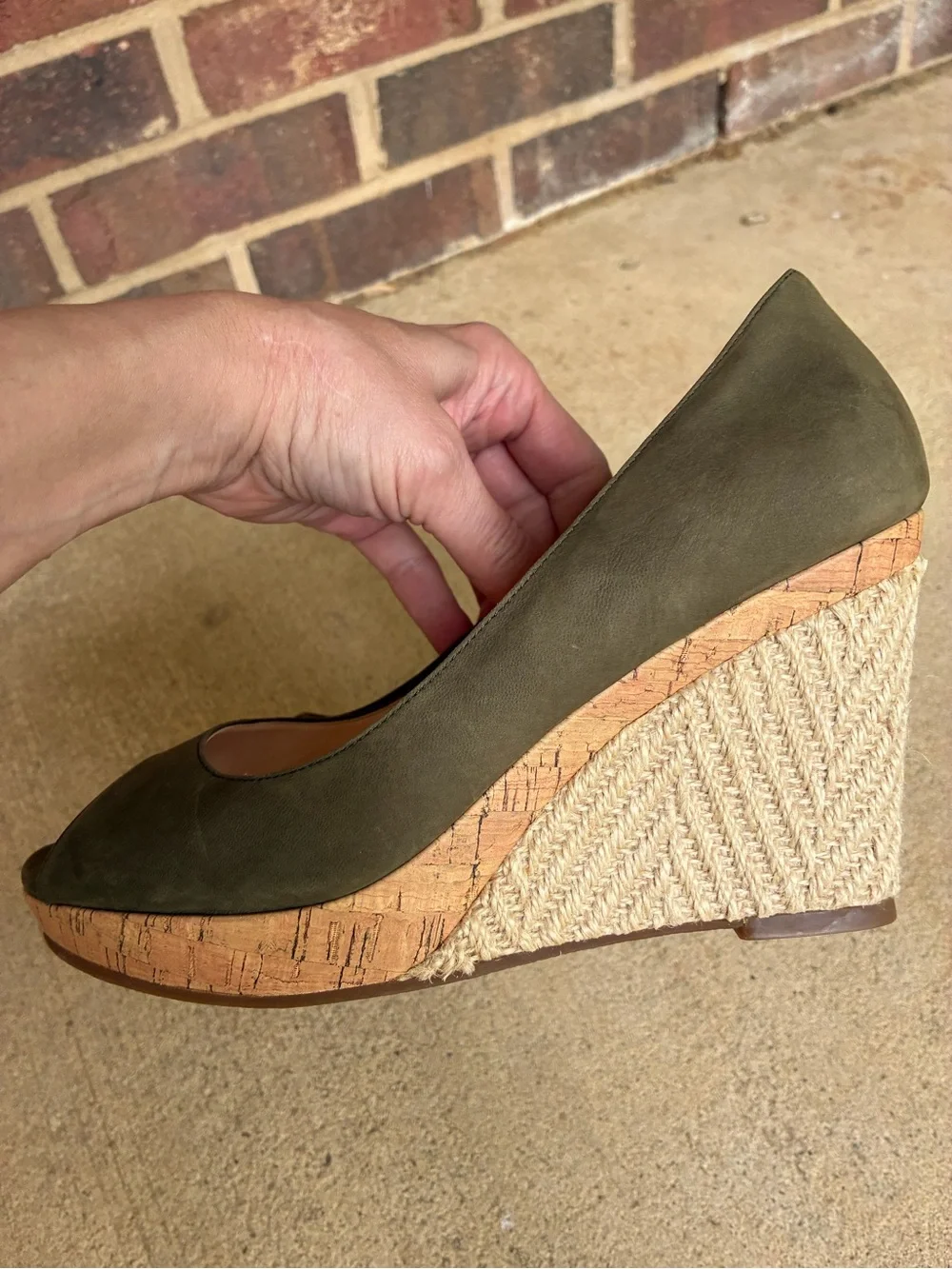 Cole Haan Jocelyn Olive Suede Peep-Toe Espadrille Wedge Heels size 8.5